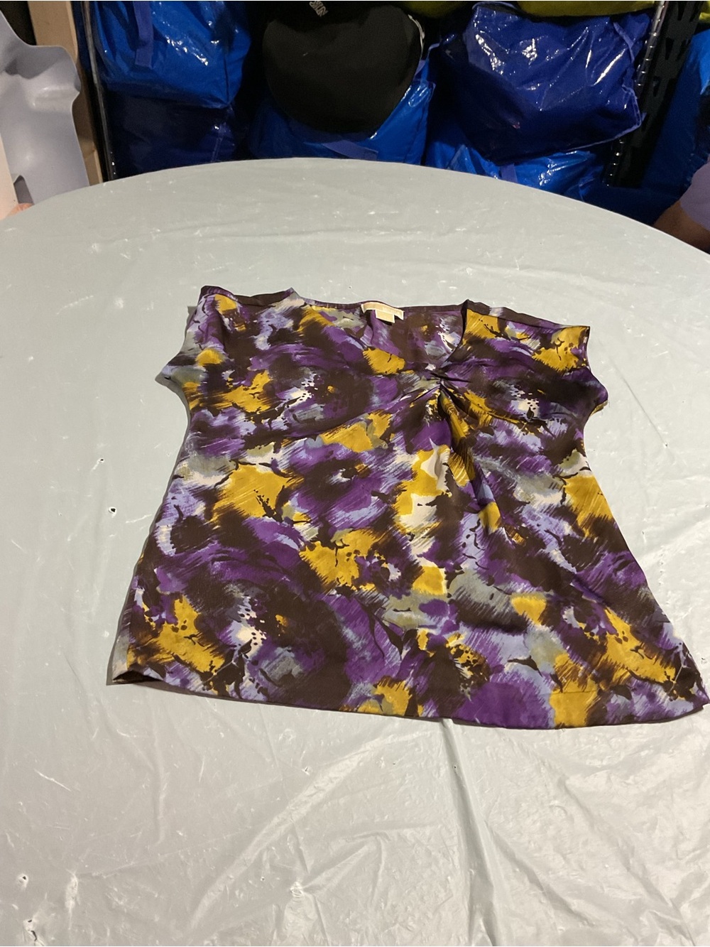Michael Kors Purple, Yellow & Gray Abstract Cap Sleeve Blouse